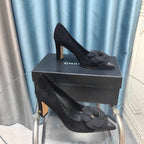 CHANEL HIGH HEELS 80 MM IN BLACK SUEDE AND CALFSKIN WITH FLOWER