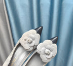 CHANEL HIGH HEELS 80 MM IN SPANISH GRAY SUEDE AND BLACK CALFSKIN WITH FLOWER