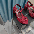 CHANEL CAMELLIA SANDAL IN CHERRY RED SUEDE AND BLACK CALFSKIN WITH FLOWER