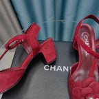 CHANEL CAMELLIA SANDAL IN CHERRY RED SUEDE AND BLACK CALFSKIN WITH FLOWER