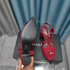 CHANEL CAMELLIA SANDAL IN CHERRY RED SUEDE AND BLACK CALFSKIN WITH FLOWER