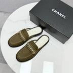CHANEL FLAT MULE 25S IN OLIVE BROWN CALFSKIN STYLE 3