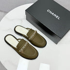 CHANEL FLAT MULE 25S IN OLIVE BROWN CALFSKIN STYLE 3