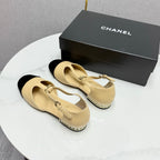 CHANEL MARY JANE 25S IN BEIGE LAMBSKIN AND BLACK SUEDE WITH PEARL HEEL
