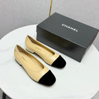 CHANEL BALLET FLATS 25S IN BEIGE LAMBSKIN AND BLACK SUEDE WITH PEARL HEEL