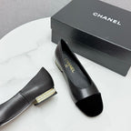 CHANEL BALLET FLATS 25S IN BLACK LAMBSKIN AND SUEDE WITH PEARL HEEL