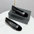 CHANEL BALLET FLATS 25S IN BLACK LAMBSKIN AND SUEDE WITH PEARL HEEL