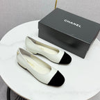 CHANEL BALLET FLATS 25S IN WHITE LAMBSKIN AND BLACK SUEDE WITH PEARL HEEL