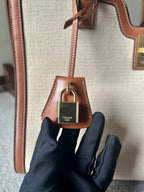 CELINE CABAS 37 IN WHITE CANVAS AND BRONZE BROWN CALFSKIN TRIM GOLD LOCK