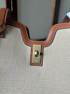 CELINE CABAS 37 IN WHITE CANVAS AND BRONZE BROWN CALFSKIN TRIM GOLD LOCK