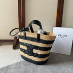 CELINE STRIPED COUFFIN CLASSIC PANIER 22 IN BEIGE AND BLACK RAFFIA AND CALFSKIN TRIM