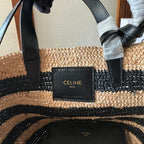 CELINE STRIPED COUFFIN CLASSIC PANIER 22 IN BEIGE AND BLACK RAFFIA AND CALFSKIN TRIM