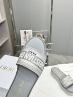 DIOR CD DWAY PLATFORM SLIDE IN GRAY AND WHITE COTTON STRIPED SOLE