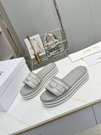 DIOR CD DWAY PLATFORM SLIDE IN GRAY AND WHITE COTTON STRIPED SOLE