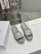 DIOR CD DWAY PLATFORM SLIDE IN GRAY AND WHITE COTTON STRIPED SOLE