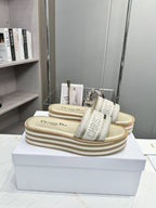 DIOR CD DWAY PLATFORM SLIDE IN SAGE GREEN AND WHITE COTTON STRIPED SOLE