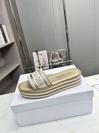 DIOR CD DWAY PLATFORM SLIDE IN SAGE GREEN AND WHITE COTTON STRIPED SOLE