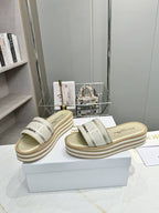 DIOR CD DWAY PLATFORM SLIDE IN SAGE GREEN AND WHITE COTTON STRIPED SOLE