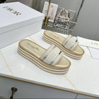 DIOR CD DWAY PLATFORM SLIDE IN SAGE GREEN AND WHITE COTTON STRIPED SOLE
