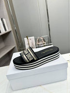 DIOR CD DWAY PLATFORM SLIDE IN BLACK AND WHITE COTTON STRIPED SOLE