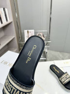 DIOR CD DWAY PLATFORM SLIDE IN BLACK AND WHITE COTTON STRIPED SOLE