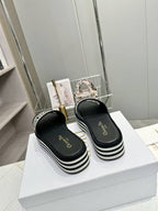 DIOR CD DWAY PLATFORM SLIDE IN BLACK AND WHITE COTTON STRIPED SOLE