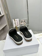 DIOR CD DWAY PLATFORM SLIDE IN BLACK AND WHITE COTTON EMBOSSED LOGO