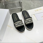 DIOR CD DWAY PLATFORM SLIDE IN BLACK AND WHITE COTTON EMBOSSED LOGO
