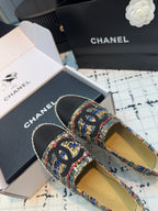 CHANEL ESPADRILLES LOAFERS IN MULTICOLOR TWEED AND BLACK SATIN