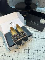 CHANEL ESPADRILLES LOAFERS IN MULTICOLOR TWEED AND BLACK SATIN