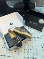CHANEL ESPADRILLES LOAFERS IN MULTICOLOR TWEED AND BLACK SATIN
