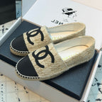 CHANEL ESPADRILLES LOAFERS IN BEIGE TWEED AND BLACK SATIN