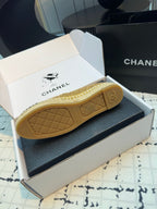 CHANEL ESPADRILLES LOAFERS IN METALIC GOLD TWEED AND BLACK SATIN