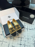 CHANEL ESPADRILLES LOAFERS IN METALIC GOLD TWEED AND BLACK SATIN