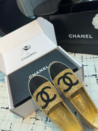 CHANEL ESPADRILLES LOAFERS IN METALIC GOLD TWEED AND BLACK SATIN