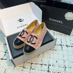 CHANEL ESPADRILLES LOAFERS IN LIGHT PINK TWEED AND BLACK LAMBSKIN