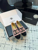 CHANEL ESPADRILLES LOAFERS IN LIGHT PINK TWEED AND BLACK LAMBSKIN