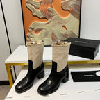 CHANEL HIGH BOOTS 5.5 CM IN BLACK LAMBSKIN AND BEIGE FABRIC