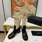 CHANEL HIGH BOOTS 5.5 CM IN BLACK LAMBSKIN AND BEIGE FABRIC