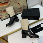 CHANEL HIGH BOOTS 5.5 CM IN BLACK LAMBSKIN AND BEIGE FABRIC