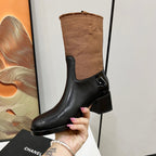 CHANEL HIGH BOOTS 5.5 CM IN BLACK LAMBSKIN AND CHOCOLATE BROWN FABRIC