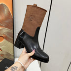 CHANEL HIGH BOOTS 5.5 CM IN BLACK LAMBSKIN AND CHOCOLATE BROWN FABRIC