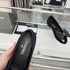 CHANEL 25S ROUND TOE BALLET FLATS WITH A BOW IN SPARKLING BLACK CANVAS