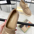 CHANEL PEARL LOGO LOAFERS IN CINNAMON BROWN SUEDE