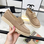 CHANEL PEARL LOGO LOAFERS IN CINNAMON BROWN SUEDE