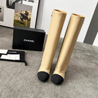 CHANEL 25S HIGH BOOTS 55MM IN CARAMEL BEIGE CALFSKIN AND BLACK CANVAS GOLD HARDWARE