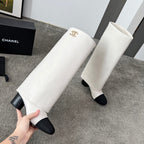 CHANEL 25S HIGH BOOTS 55MM IN IVORY BLACK CALFSKIN AND CANVAS GOLD HARDWARE