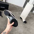 CHANEL 25S HIGH BOOTS 55MM IN IVORY BLACK CALFSKIN AND CANVAS GOLD HARDWARE
