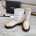 CHANEL 25S MID-CALF BOOTS 45MM IN LIGHT BROWN CALFSKIN AND WHITE TWEED GOLD HARDWARE