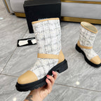 CHANEL 25S MID-CALF BOOTS 45MM IN LIGHT BROWN CALFSKIN AND WHITE TWEED GOLD HARDWARE